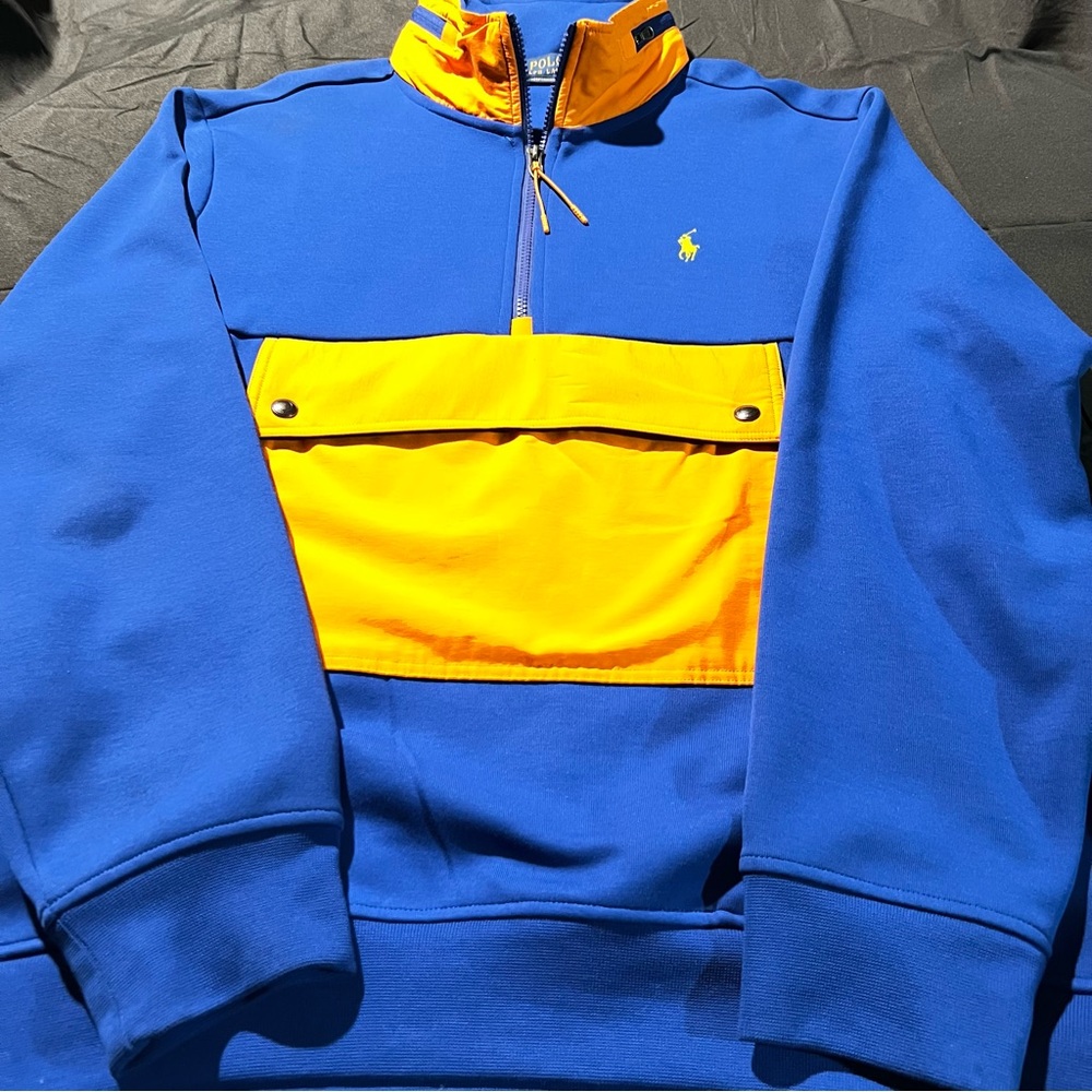 Polo pullover, blue, and orange